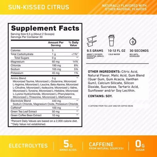 Optimum Nutrition Essential AMIN.O. ENERGY + Electrolytes *new* Sun-kissed Citrus 0.63 lb (30 Servings) Portugal | UWZCRT519