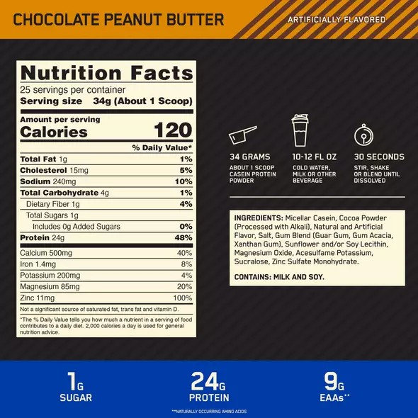 Optimum Nutrition GOLD STANDARD® 100% Casein Chocolate Peanut Butter 2 lb (25 Servings) Portugal | CDWBSE736