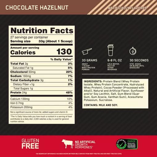 Optimum Nutrition GOLD STANDARD 100% WHEY™ Chocolate Hazelnut 2 lb (27 Servings) Portugal | YRSZKP039