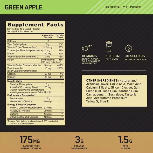Optimum Nutrition GOLD STANDARD® Pre-Workout Green Apple 0.66 lb (30 Servings) Portugal | CPHIRA614