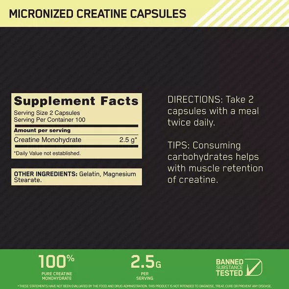 Optimum Nutrition Micronized Creatine Capsules 200 Capsules (100 Servings) Portugal | NFKDTU458