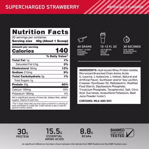 Optimum Nutrition PLATINUM HYDROWHEY™ Supercharged Strawberry 1.76 lb (20 Servings) Portugal | JAUNHK817