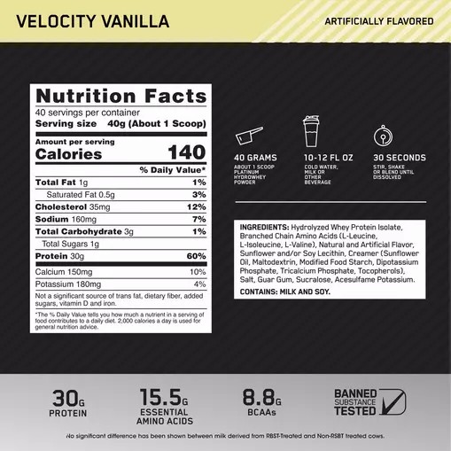 Optimum Nutrition PLATINUM HYDROWHEY™ Velocity Vanilla 3.52 lb (40 Servings) Portugal | PJGCMU704