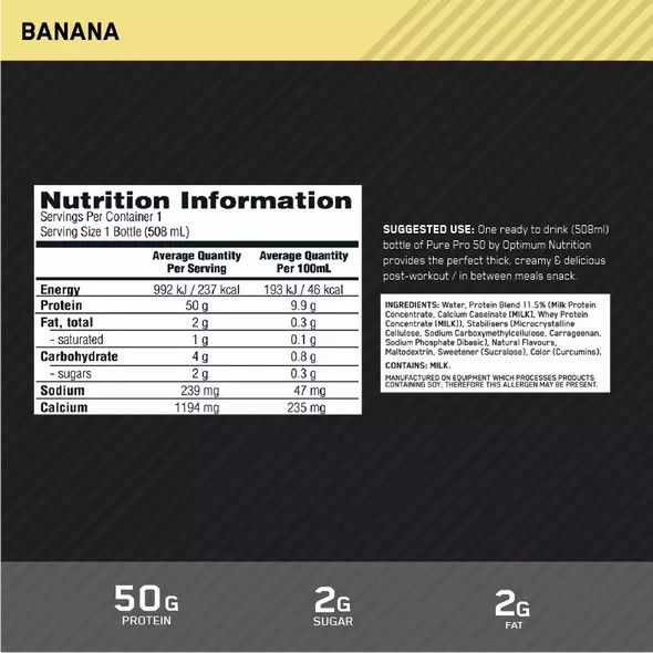 Optimum Nutrition Pure Pro 50 Banana 508ml (12 bottles) Portugal | MWDOKT730